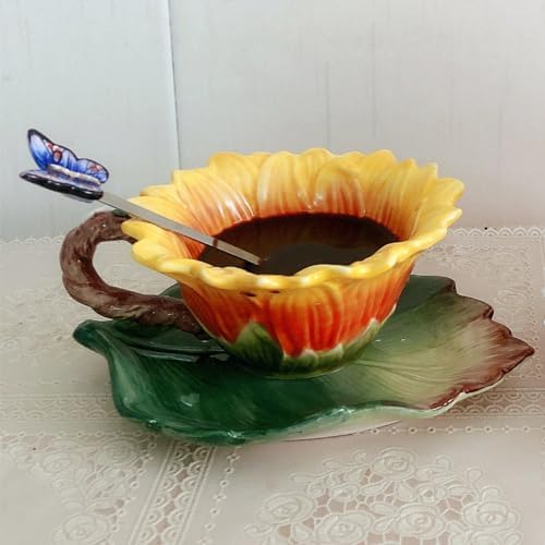 Ceramic Coffee Mug & Saucer Set, 3D Sunflower & Leaf, 6oz