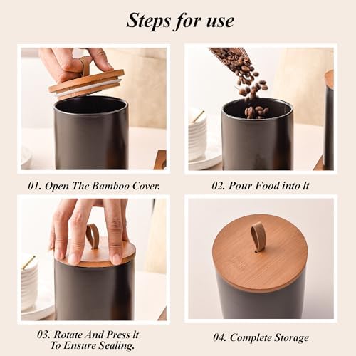 Black Ceramic Canister Set of 2 with Bamboo Lids, Wooden Stand &