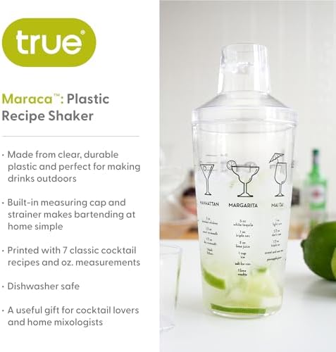 True Maraca Cocktail Shaker with Built In Strainer, Drink Mixer with 7