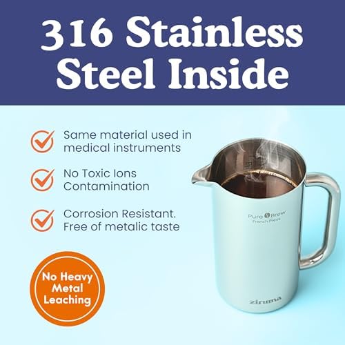 Non-Toxic Stainless Steel French Press, No Plastic or Heavy Metals