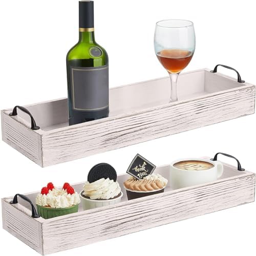 2 Pack Rustic Wooden Serving Trays with Handles Farmhouse Rectangular