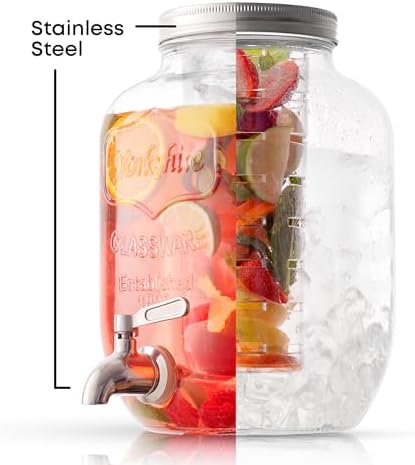 1-Gallon Drink Dispenser. Glass Beverage Dispenser with Stainless