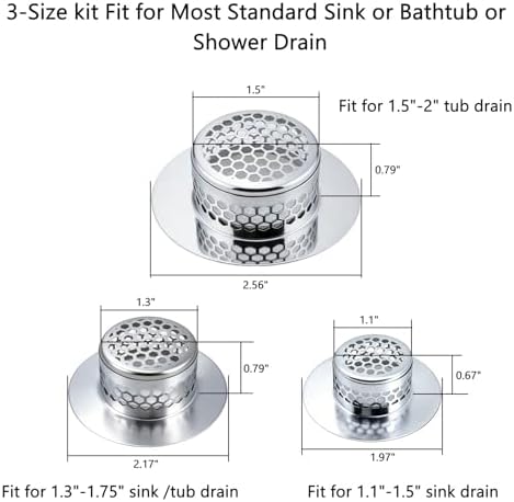 Bathroom Drain Strainers (Set of 3 Sizes), Hair Catcher for Bathroom
