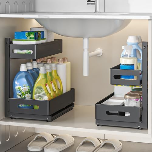HABITLLO Under Sink Organizer, 2 Tier Bathroom Cabinet Organizer with Adjustable Height, Sliding Cabinet Basket Organizer Drawer for Kitchen, Bathroom, Laundry, Pantry