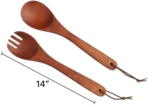 Woodard & Charles 14" Wood Salad Servers w/Leather Strap, Cherry Stain