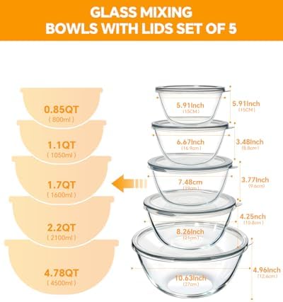 Glass Mixing Bowls with Lids, Set of 5