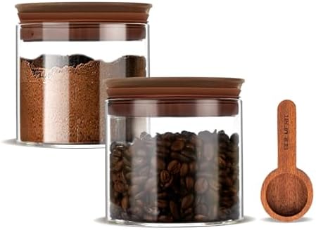 17 oz Coffee Canister with Scoop and Wooden Lids, Airtight Glass