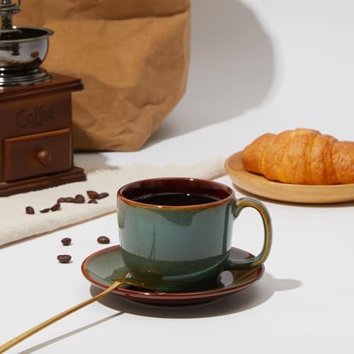 Pokini Stoneware Coffee Cups with Saucers, Cappuccino Cups, Mugs Set