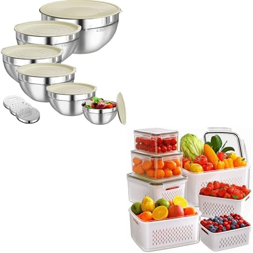 6 PCS Stainless Steel Mixing Bowls with 3 Grater Attachments, Kitchen