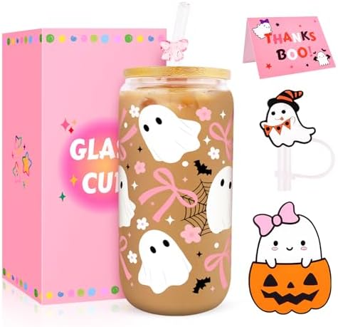 Halloween Glass Cups with Lids and Straws, Cute Halloween Gifts Basket