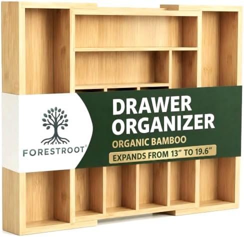 Bamboo Drawer Organizer, Expandable 8-Slot Silverware & Utensil Tray