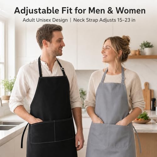 2 Pack Waterproof Kitchen Aprons with 2 Pockets, Black & Gray