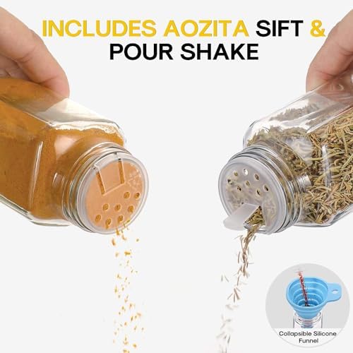 AOZITA 14 Pcs Spice Jars with Bamboo Lids - 4oz Square Spice Bottles