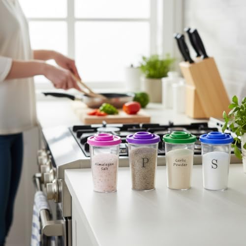 Plastic Salt and Pepper Shakers Set with 4 Color Lids & 20 Labels