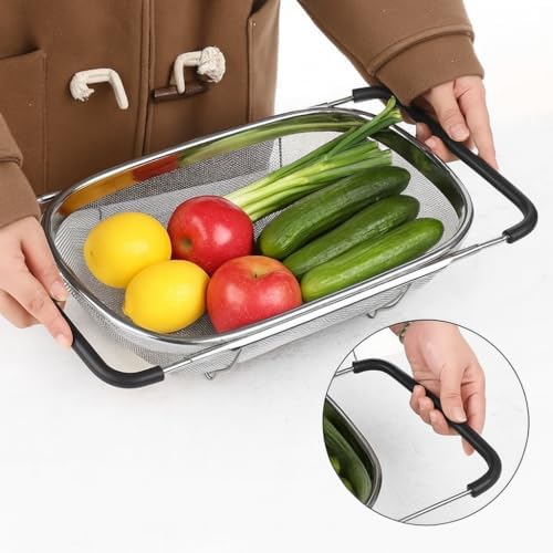 Over The Sink Stainless Steel Oval Colander with Fine Mesh 6 Quart