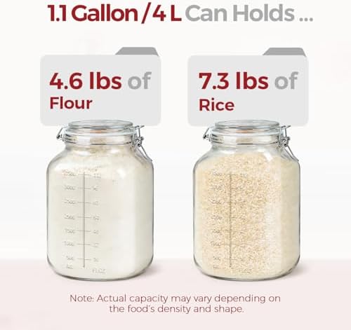 1.1 Gallon Glass Flour Jars with Airtight Lids, 2 Pack