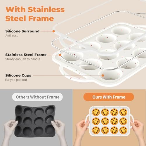 2Pack Silicone Muffin Pan For Baking With Metal Reinforced Frame, 12