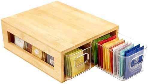 Tea Bag Organizer, Bamboo and Acrylic Drawer Tea Bag Holder Wood Teas