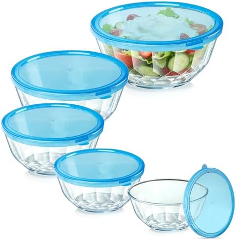 ENVTEK 5‐Piece Glass Mixing Bowls Set with Airtight Lids, Blue