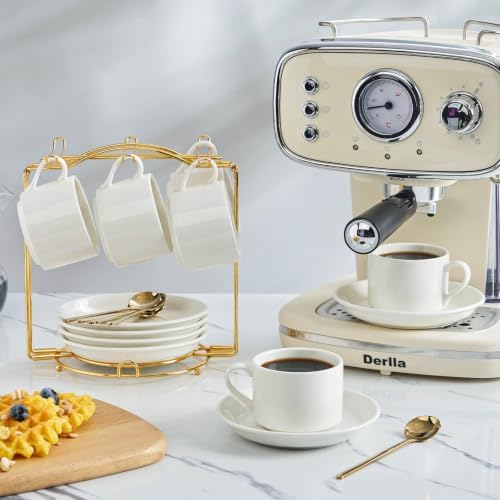 YOLIFE 4 OZ Porcelain Espresso Cups Set with Saucers and Foldable