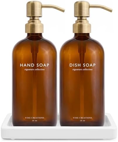 Vine Creations Amber Glass Soap Dispenser Set, 16 oz