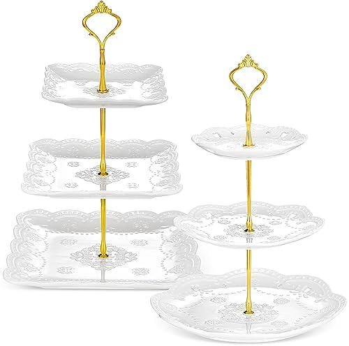 Ctosree 2 Pcs 3 Tier Porcelain Cupcake Stand Round and Square White