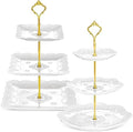 Ctosree 2 Pcs 3 Tier Porcelain Cupcake Stand Round and Square White