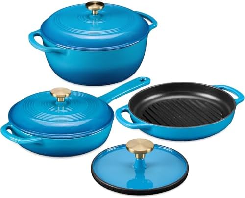 Best Choice Products 6-Piece Cast Iron Cookware Set, Ceramic Coated 6Qt Dutch Oven, 2Qt Skillet W/Lid, 10" Grill Pan W/Press, Non-toxic, Heavy Duty, Gas/Induction Compatible, PFAS Free - Blue