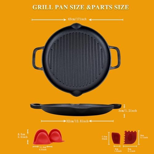 12.6" Cast Iron Grill Pan, Pre-Seasoned Skillet with Dual Handles