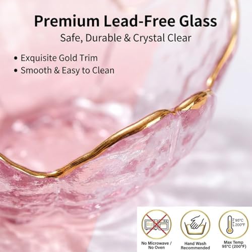 Set of 6 Mini Glass Bowls, Pink Cherry Blossom, with Gold Spoons