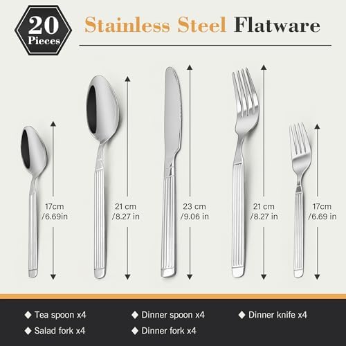 Aufranc 20 Piece Silverware Set, Stainless Steel Flatware Set for 4