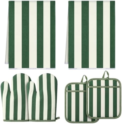 6 Pcs Matcha Green Striped Oven Mitt Pot Holder Towel Set
