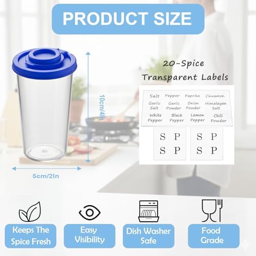 Plastic Salt and Pepper Shakers Set with 4 Color Lids & 20 Labels