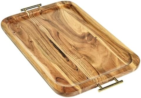 Acacia Wood Rectangle Tray with Gold Color Handles, Wooden Tray with
