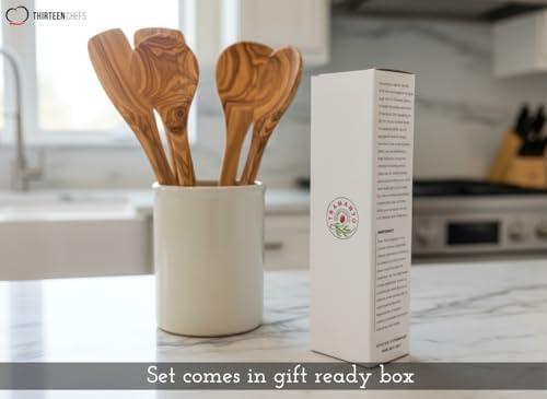 Tramanto Olive Wood Utensil Set - 5 Piece Spatula and Spoon Wooden