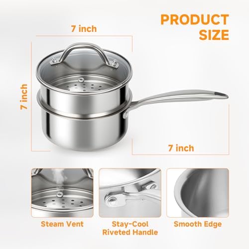 Ohtomber 1.5 Qt Tri-Ply Stainless Steel Saucepan with Steamer Basket &