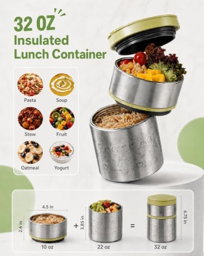 Lille Home 2-Tier Vacuum Insulated Stainless Steel Lunch Box, 32oz
