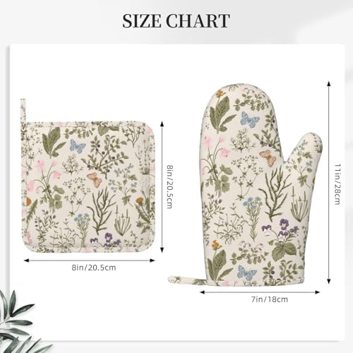 Vintage Wildflower Herbs Oven Mitt and Pot Holder Set, 4 pcs