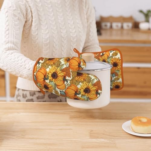 Fall Pumpkin Sunflower Oven Mitt and Pan Mat Set of 2
