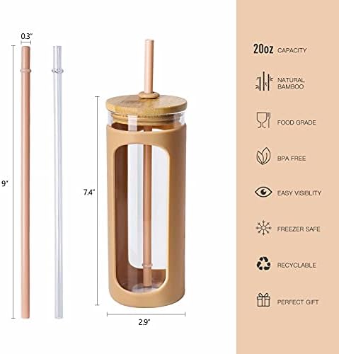 Kodrine 20oz Glass Water Tumbler with Straw and Lid, Bamboo Lids Water