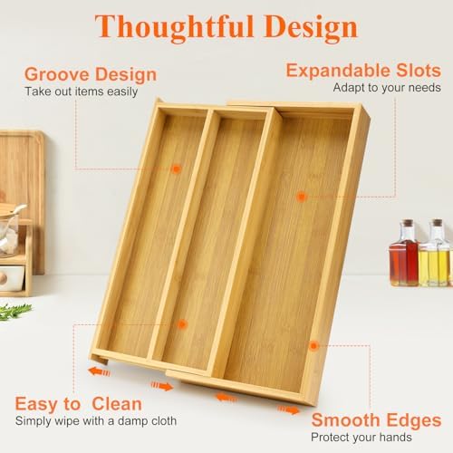 Large Bamboo Expandable Silverware Drawer Organizer