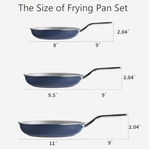 3-Piece Blue Ceramic Nonstick Frying Pan Set, Induction Cookware