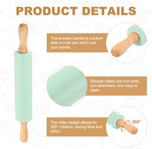 uxcell Rolling Pins Baking 12" Silicone Non-Stick Rolling Pin Light