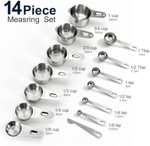 Bopei 14-Piece 18/8 Stainless Steel Measuring Cups and Spoons Set