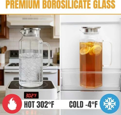 2 Pack 2 Liters/68 oz Octagon Glass Water Pitcher with Lid and Spout