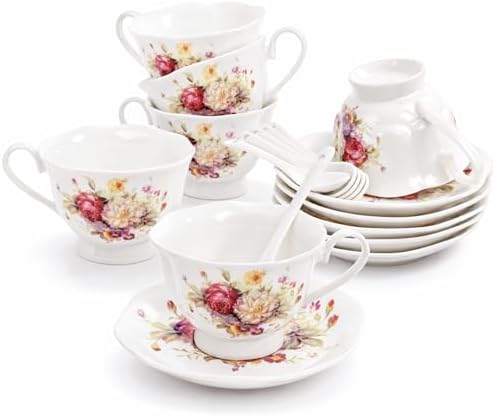Foraineam Floral Tea Cup with Saucers and Spoons Set of 6 - Coffee