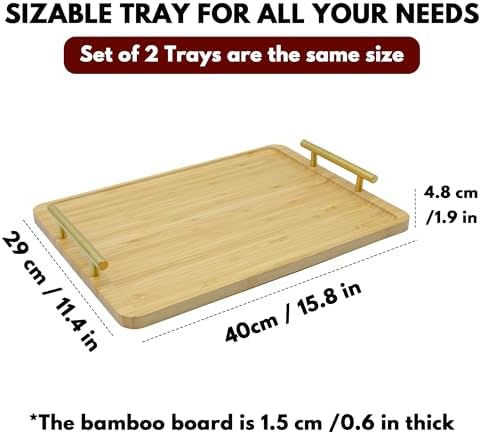 2 Pack Bamboo Serving Tray with Metal Handles, 15.8×11.4“ Solid Wooden
