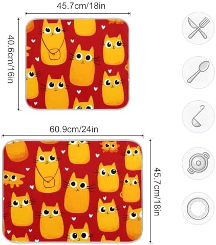 OTVEE Doodle Cat Print Dish Drying Mat for Kitchen Counter Absorbent
