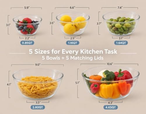 Cuiselct 5pcs Glass Mixing Bowls with Lids Set, Nesting Mixing Bowls
