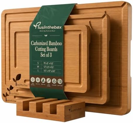 Cutting Boards for Kitchen,Set of 3 Deep Carbonized Bamboo Cutting Board Set with Holder,Butcher Block Style Chopping Boards for Serving, Charcuterie, Meat, Fruit and Meal Prep